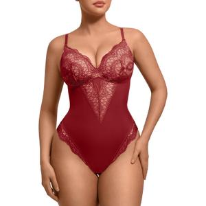 FeelinGirl Womens Body Suits Shapewear Tummy Control Backless Thong Body Shaper V Neck Compression Lace Bodysuit Tops (Large, Deep Red)