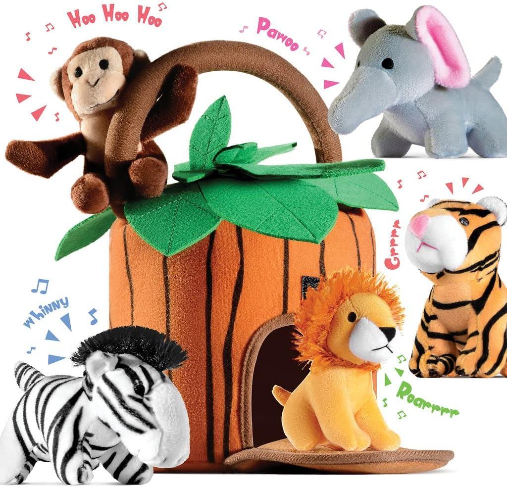 Play22 6-Piece Plush Talking Jungle Animals Set with Carrier for Kids, Babies & Toddlers - Elephant, Tiger, Lion, Zebra, Monkey