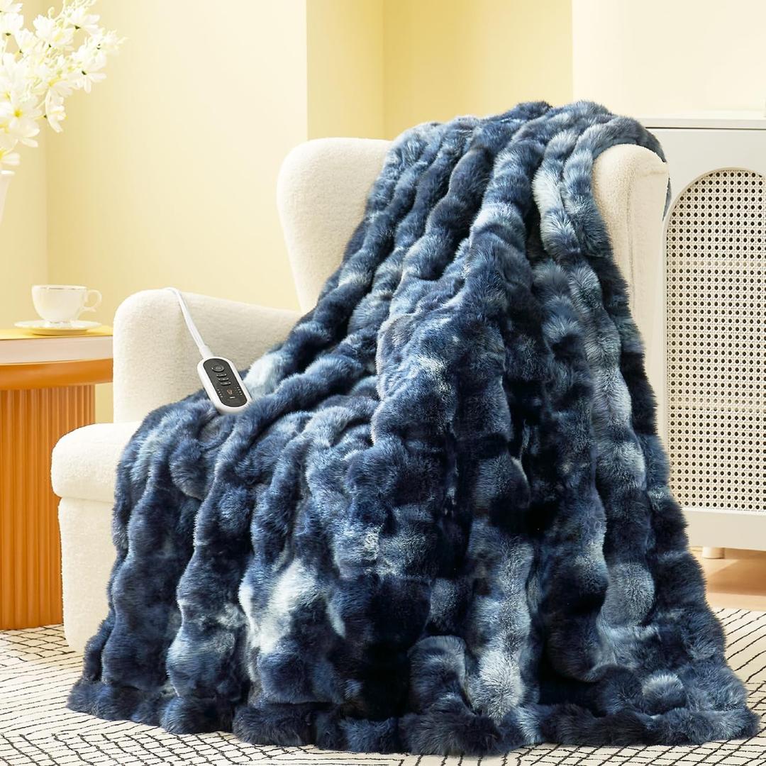 Amélie Home Heated Bubble Faux Fur Blanket Electric - 50"x60" Heating Blanket Throw 2/4/6/8 Hours Auto-Off 8 Heat Level Over-Heat Protection Electric ETL Certification Tie-dye Blue