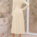 MEROKEETY Women's 2025 Fall Long Sleeve Midi Dress Elegant Boat Neck Ruched Swing Cocktail Party Dresses (Beige, S)
