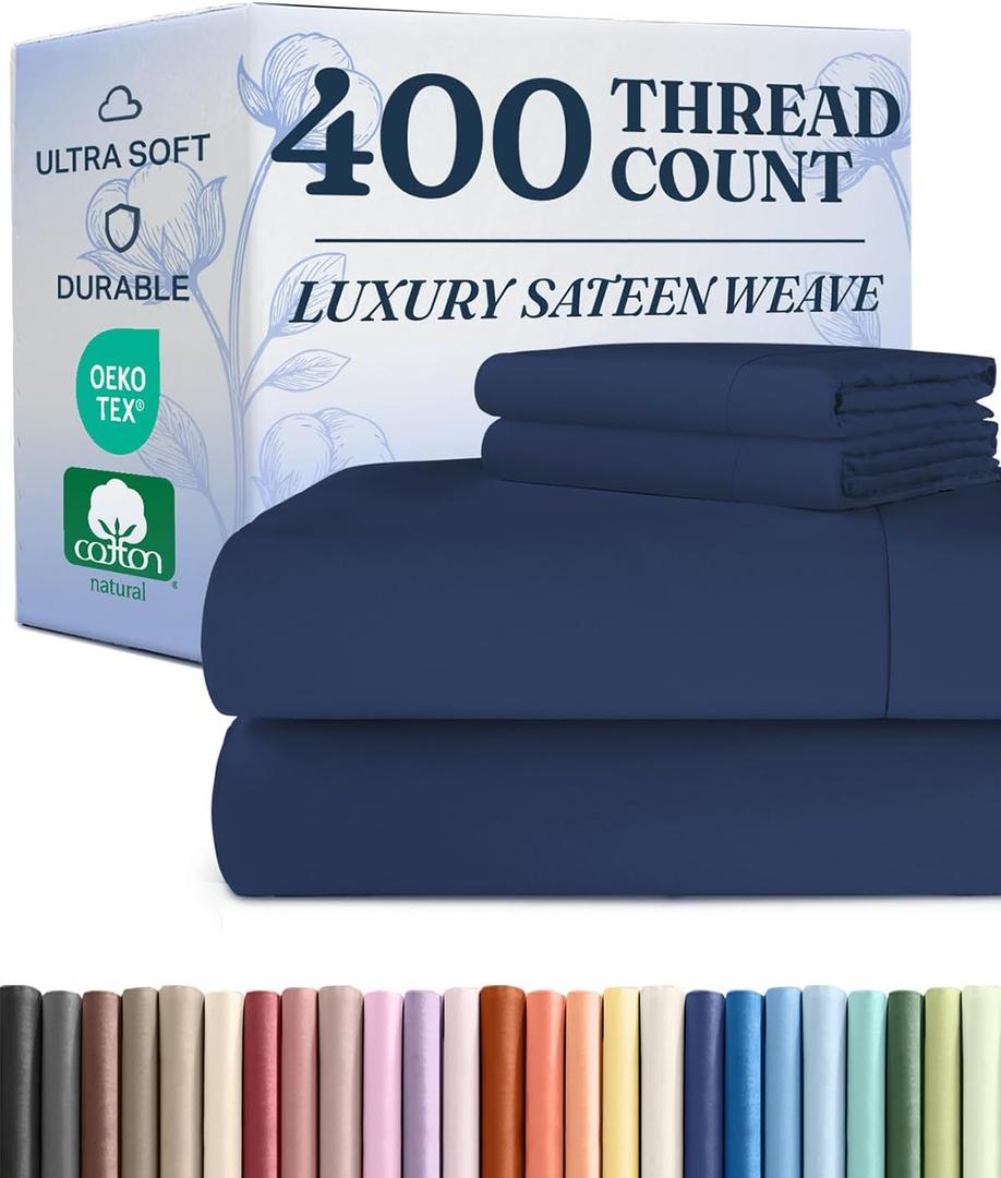 CGK Unlimited 400 Thread Count Cotton Bed Sheet Set - 100% Cotton Sheets - Sateen Cotton - Fits 8" to 16" Mattress - Silky-Soft, Hotel Quality Bedding Linens, King, Navy Blue
