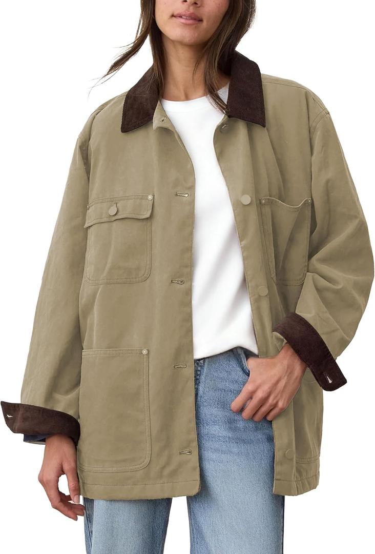 Barn Jackets for Women 2025 Fall Oversized Utility Cotton Coat Corduroy Collar Vintage Workwear with Pockets, M