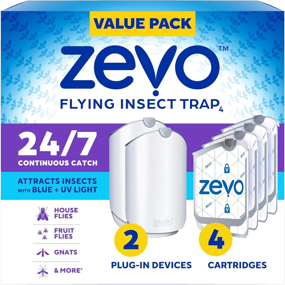Zevo 2 Flying Insect Traps & 4 Refill Cartridges - Plug in Fly Trap & Indoor Bug Catcher for Gnats, House & Fruit Flies - Blue & UV Light Technology, Mess-Free Alternative to Bug Zapper