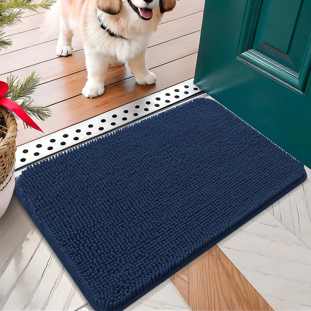 OLANLY Dog Door Mat for Muddy Paws 24x16, Absorbs Moisture and Dirt, Absorbent Non-Slip Washable Doormat, Quick Dry Chenille Mud Mat for Dogs, Entry Indoor Entryway Carpet for Inside Floor, Dark Blue