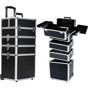 Makeup Rolling Train Case - Professional Cosmetics Organizer with Aluminum Frame, Folding Trays & Wheels, Portable for Travel & Studio (Black)