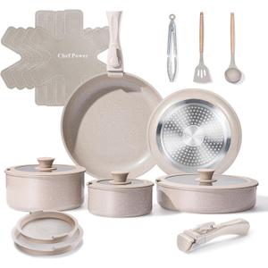 Chef Power Ceramic Nonstick Pots and Pans Set 19 Piece with Detachable Handle, Induction Dishwasher Oven Safe Cookware Set, RV Kitchen Set Removable Handle, Mocca Taupe