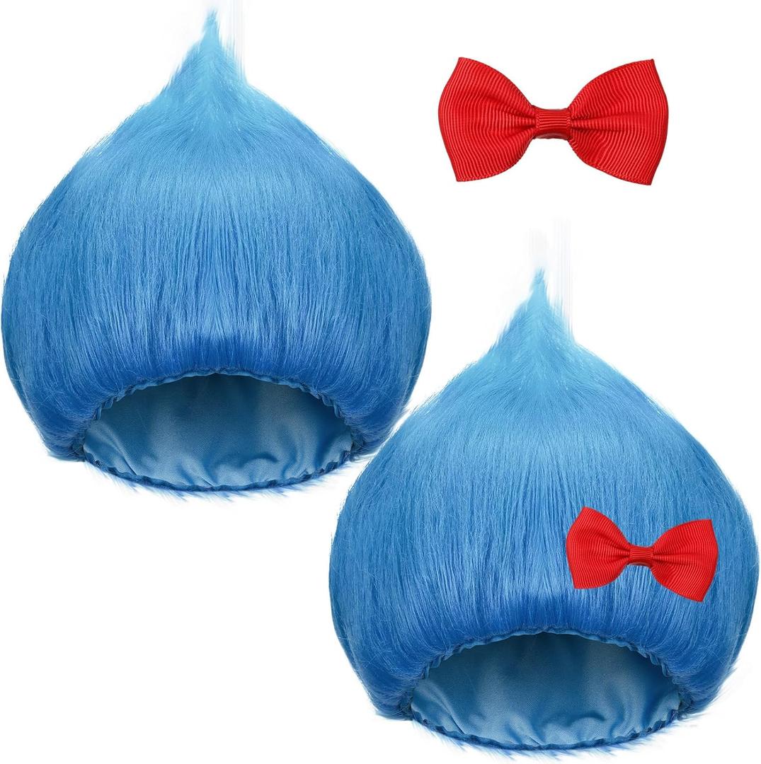Geyoga Blue Wig with Red Bow Unisex Funny Crazy Hair Wig for World Book Day Costume Cosplay