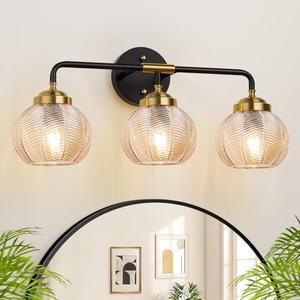 MOKATNG Bathroom Light Fixtures, 3-Light Amber Vanity Lights with Unique Leaf Texture Glass Shade, Modern Matte Black and Gold Bathroom Wall Lamp for Mirror Hallway Cabinet Living Room