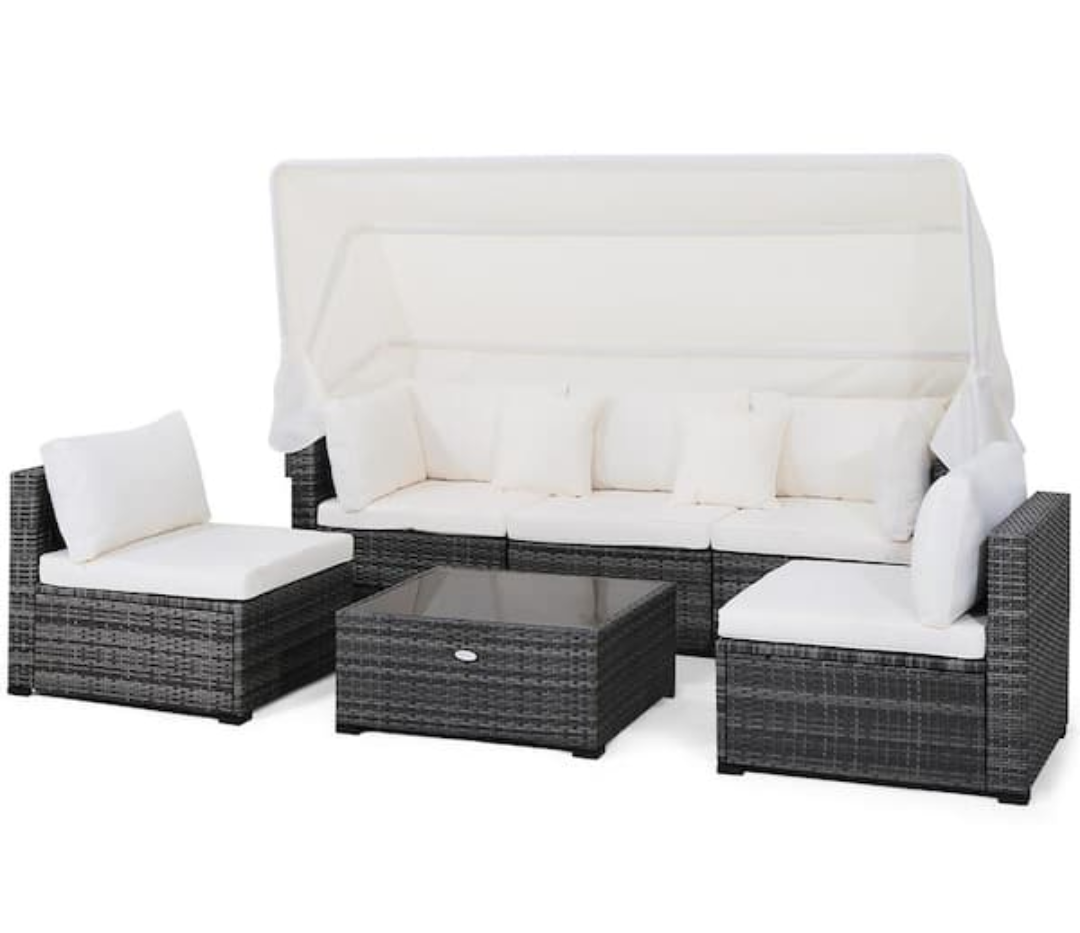 6-Piece Wicker Patio Conversation Set Retractable Canopy with White Cushions