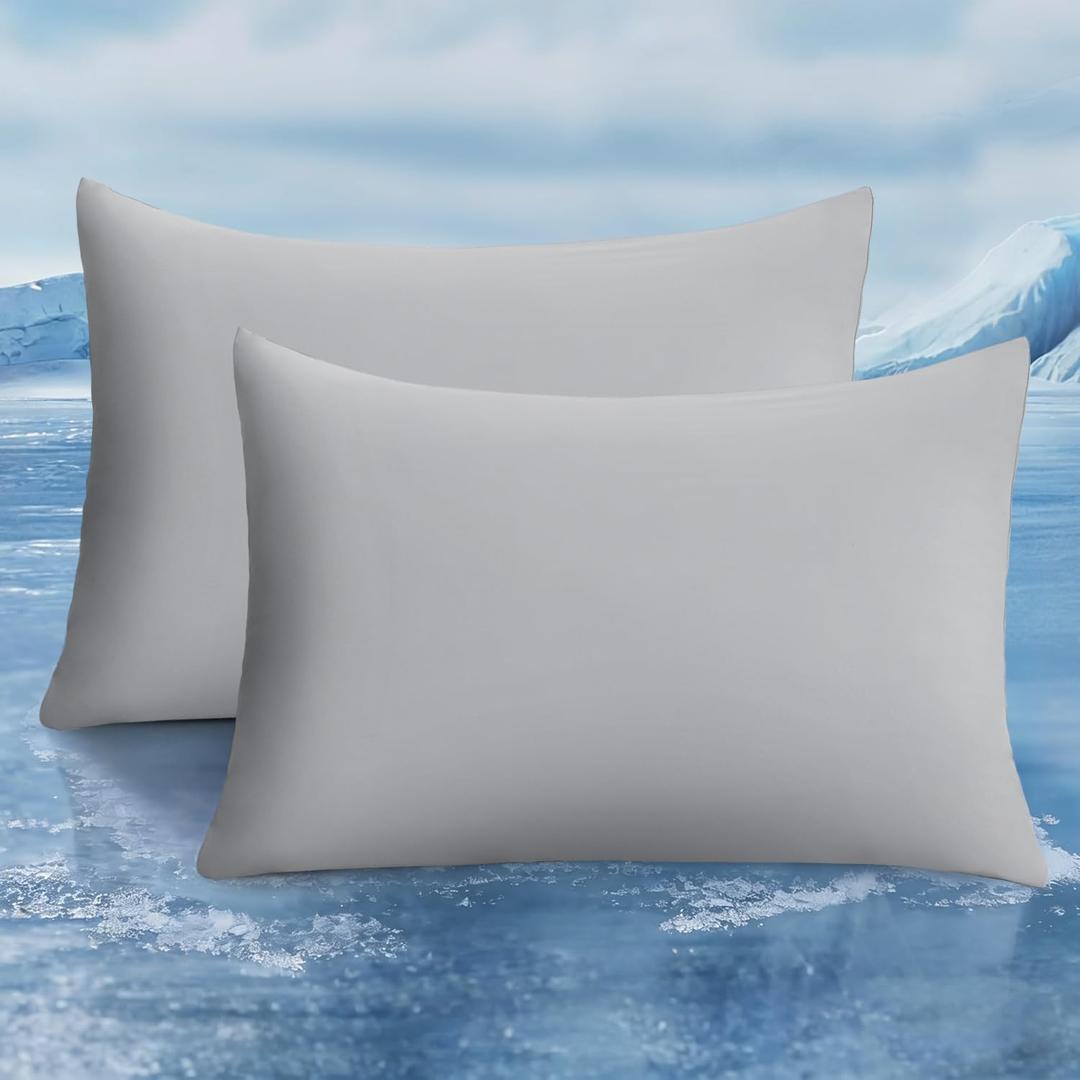 LUXEAR Cooling Pillow Cases, 2 Pack Stretch Arc-Chill Q-max 0.55 Cool Pillowcases Fit Standard & Queen Size Pillows, Protecting Hair & Skin, Gifts for Women & Men, Hot Sleeper, Night Sweat - Gray