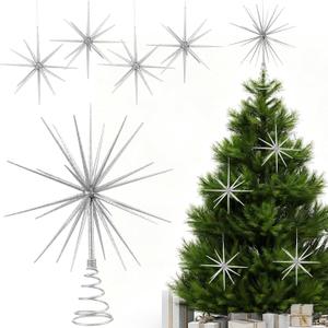 Leinuosen 5 Pcs Glitter Starburst Christmas Ornaments Include 4 Pcs 8'' Exploding Star Hanging Tree Ornament with a Large 13.7'' Starburst Christmas Tree Topper Xmas Holiday Tabletop Decor(Silver)
