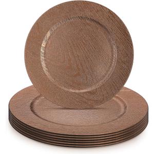 Mifoci 6 Pcs 13" Boho Faux Wood Plastic Charger Plates, Faux Wood Chargers for Dinner Plates Round Rustic Wedding Party Service (Dark Brown)