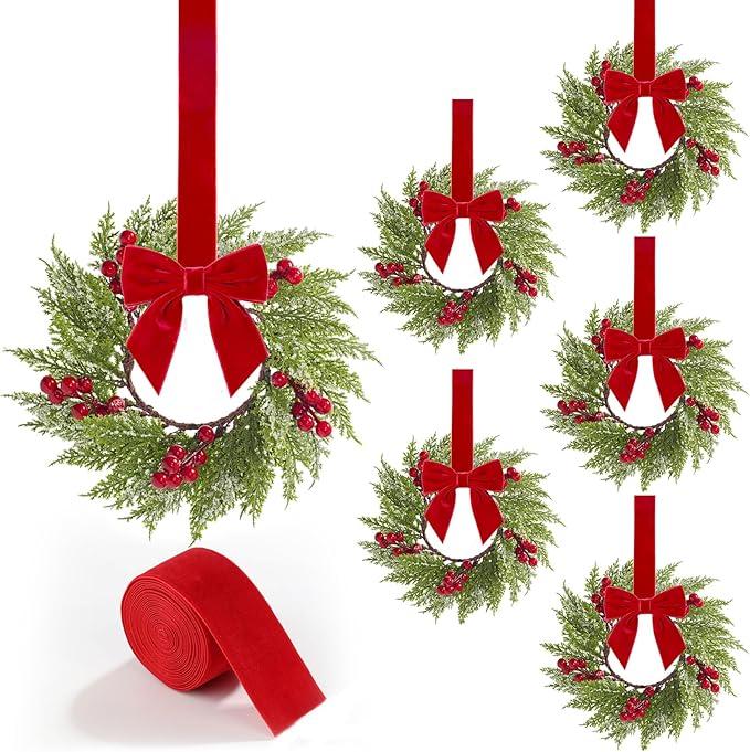 18  Pcs Christmas Kitchen Cabinet Wreaths with Velvet Ribbon Small Christmas Wreath Mini Cabinet Wreaths Farmhouse Wreath for Front Door Hanging Porch Wall Window Decor (6)