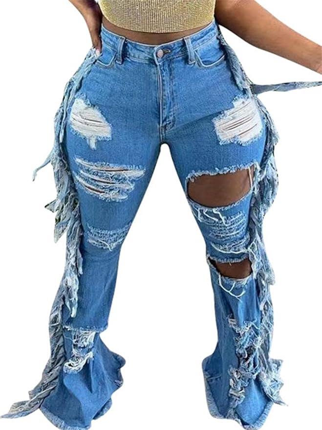 Lucuna Women's High Waisted Ripped Jeans Cut Out Destroyed Frayed Tassels Distressed Denim Pants, Size M