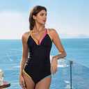 RXRXCOCO Women Tankini Swimsuits Bathing Suits Tummy Control Colorblock V Neck Ruched High Waisted Swimwear (M)