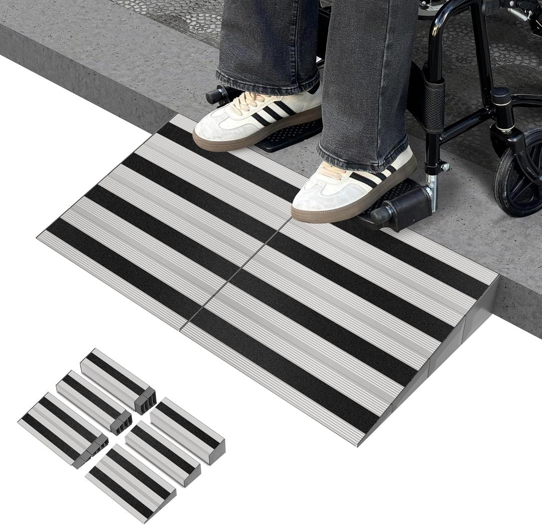4" Rise Modular Threshold Ramp for Doorways, Stable Wheelchair Ramp for Home Steps, Aluminum Door Ramp and Curb Ramp for Scooters, Power Chairs, Cars, 1100LBS Load Capacity