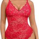 FeelinGirl Shapewear Bodysuits for Women Lace Shapewear Tummy Control V-Neck Sleeveless Bodysuit Tops Jumpsuit (Red, S)