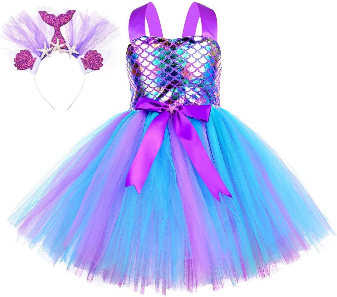 Tutu Dreams Summer 4 Colors Mermaid Dress for Girls with Headband Birthday Party Gifts Dress Up Clothes (5-6 Years, Purple)