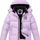 Kids Winter Coat Warm Fleece Thermal Padded Jackets with Detachable Hood Outdoor Puffy Jacket with Zip Pockets (X-Large, Purple)
