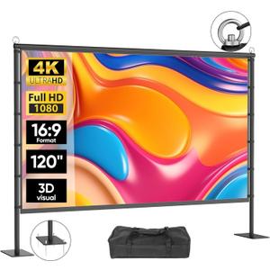 Outdoor Projector Screen with Stand - VOOPVOR 120 inch Projector Screen Portable - Lightweight Projection Screens Indoor Front/Rear - Movie Screen 16:9 4K HD with Catty Bag for Backyard Home Theater