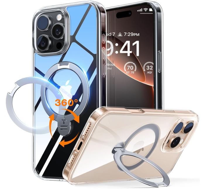 TORRAS 360° Spin Magnetic Stand Case for iPhone 16 Pro Max Case, Fit for MagSafe, 12FT Military Grade Protective Case for 16 Pro Max Phone Case with Kickstand Rotatable, Ostand Spin, Clear, 6.9 inch