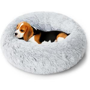 Calming Dog Bed for Small Dogs, 23 inches Puppy Bed Washable, Anti-Anxiety Donut Fluffy Dog Bed Indoor, Comfort Plush Faux Fur (Light Grey, 23")