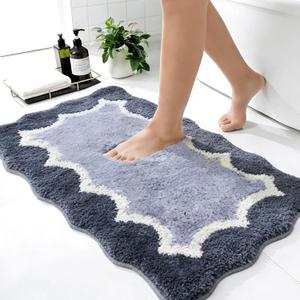 Wylumen Scalloped Blue Bathroom Rugs Mat,Non Slip Absorbent Quick Dry Bath Mats for Shower Room,Plush Microfiber Bath Mats for Bathroom Floor Washable Carpet for Shower Tub Sink Bedroom, 20"x32"