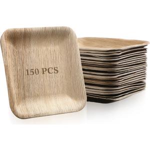 150 Pieces Palm Leaf Square Bamboo Plates Disposable Wood Dinnerware Set Leaf Plates for Weddings Catering Events Birthday Summer Party(6 Inch)