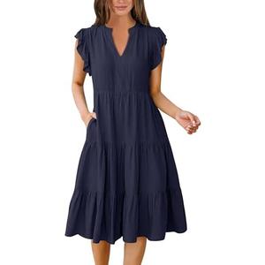 ANRABESS Womens Summer Dress Ruffle Sleeve V Neck Midi Dresses Fashion Casual Fit Flowy Tiered Boho Beach Vacation Sundress, Extra Large, Deep Navy Blue  ANRABESS Womens Summer Dress Ruffle Sleeve V Neck Midi Dresses Fashion Casual Fit Flowy Tiered Boho Beach Vacation Sundress, Extra Large, Deep Navy Blue