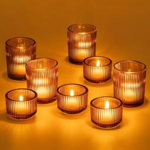 Hewory Glass Tealight Candle Holder: 8 Pcs Amber Votive Candle Holders Tea Lights Candle Holder, Ribbed Tea Light Holders Fall Decorations for Thanksgiving Table Centerpiece Wedding Party Home Decor
