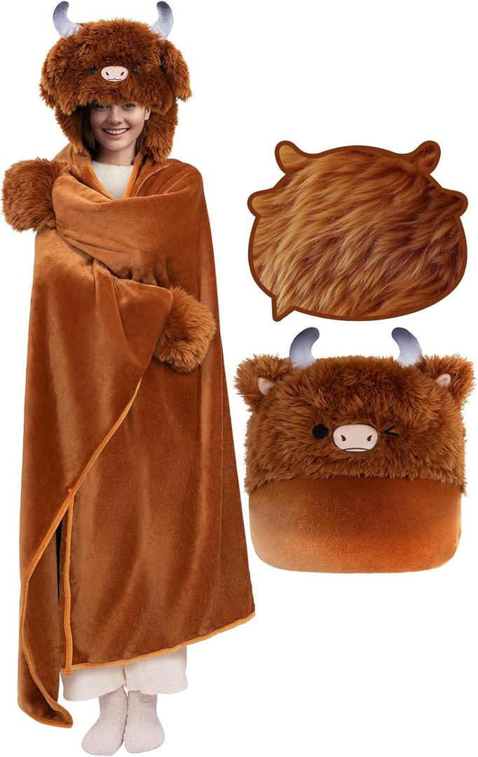 Mewaii Ultimate Softness Highland Cow Wearable Blanket Hoodie Expertly Designed for American Body Full Coverage with Easy Movement Oversized Warm Cozy Flannel Blanket Cute Highland Cow Gift for Women