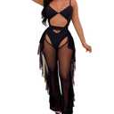 OLUOLIN Women Sexy Perspective Sheer Mesh Long Pants Hollow Ruffle Bikini Bottom Cover up Medium