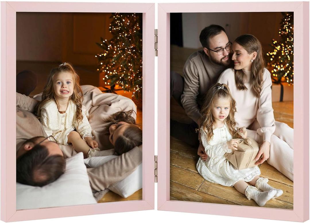 Space Art Deco Double 5x7 Picture Frame, 2 5x7 Folding Photo Frame, Standing Vertically on Desktop or Tabletop, Home Decorative Christmas Holiday Gift, Pink