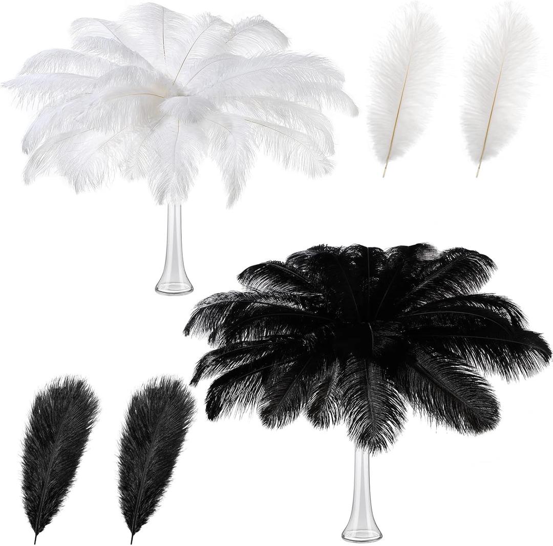 Retrowavy 50 Pcs 14-16 Inches Large Natural Ostrich Feathers Bulk for Centerpieces for Wedding Party Centerpieces Home Decoration Flower Arrangement (Black, White)