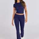 ANRABESS Lounge Sets for Women 2 Piece Foldover Yoga Flare Leggings Pants Crop Tops Casual Y2K Outfits Matching Tracksuit Set (Blue, L)