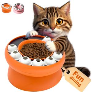 Bonbonpaws Interactive Cat Slow Feeder Bowl – Puzzle Bowl for Indoor Cats & Dogs, Kitten Puzzles Toys Treat Dispensing Food Dispenser (Orange)