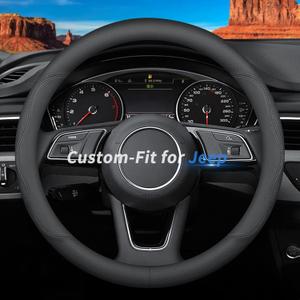 Custom-Fit for Jeep Steering Wheel Cover, Premium Leather Car Steering Wheel Cover with Logo, Non-Slip, Breathable (B-Style,for Jeep)