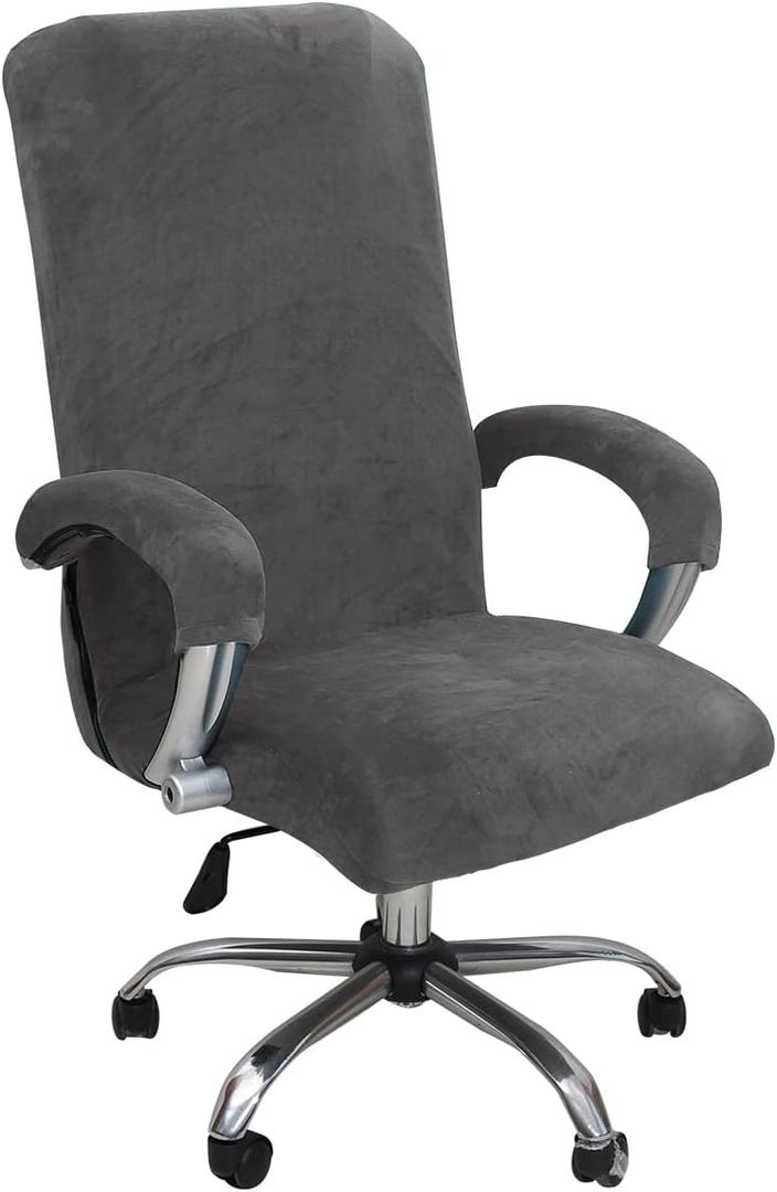 Velvet Plush Stretchable Office Computer Chair Cover Ergonomic - Cat Proof Protector for Mesh Office Desk Chair with Wheels and Armrests - Comfy Executive Rolling Chairs for Home Office, Gray, XL (Grey)