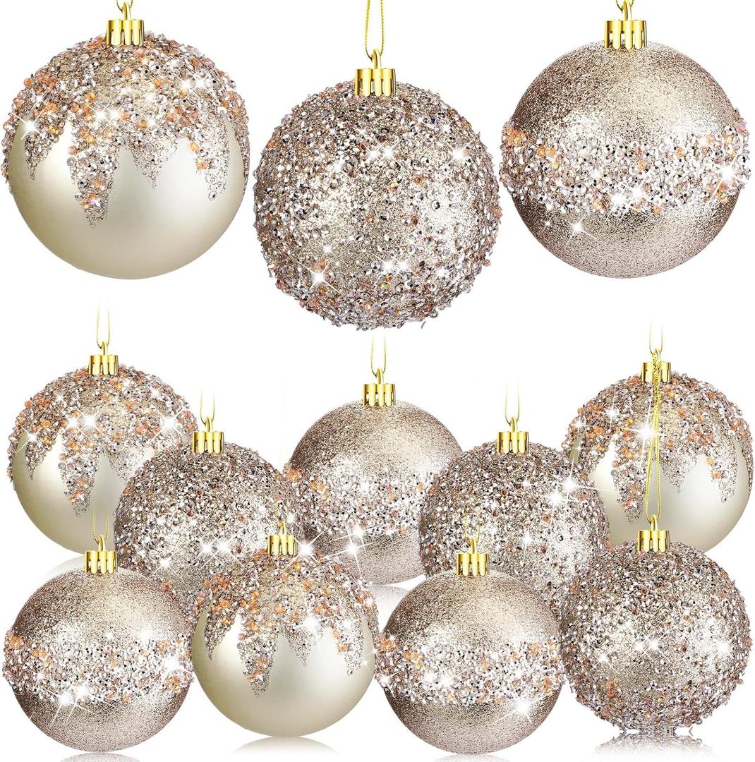Syhood 12 Pieces Glitter Christmas Ball Ornaments Rhinestone Sequin Christmas Decorations Hanging Plastic Balls for Xmas Trees Wedding Party Holiday Decorations (3.15 Inch, Champagne Gold)