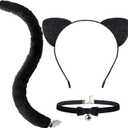 Snwquik 3 PCS Cat Ears Headband with Tail and Bell Choker,Cat Costumes Accessories for Adults Women Halloween Dress Up Party Set (Black)