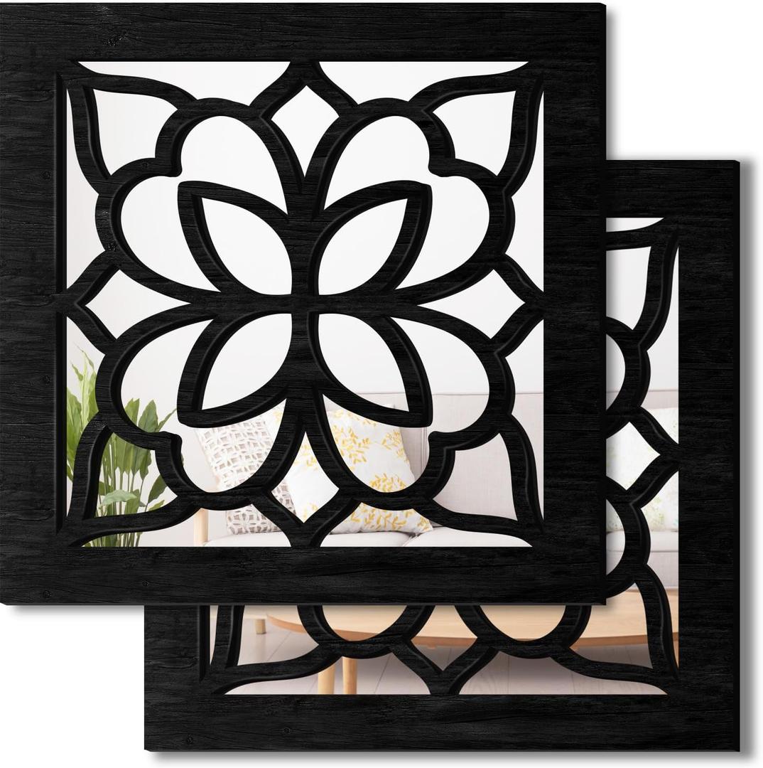 2 PCS Square Wall Mirror,Rustic Farmhouse Wall Mirrors,12 inch Small Mirror Art (style2 Black)