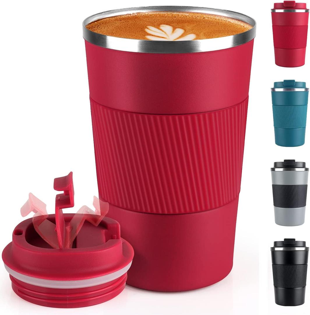 Coffee Mug 12oz - Insulated Coffee Travel Mug Spill Proof with Leakproof Lid Vacuum Stainless Steel Thermos Coffee Tumblers to GO, Reusable Coffee Cup for Men and Women for Hot & Cold Drinks (B-Red,380ML)