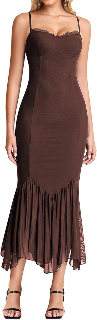 KUTUMAI Women Bodycon Long Formal Dress Asymmetric Hem Lace Neck Wedding Guest Cocktail Maxi Dresses (Brown, M)