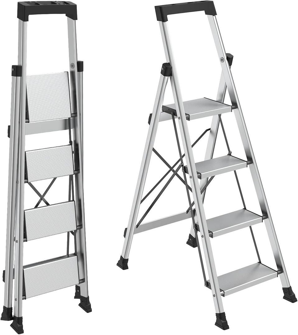 HBTower 4 Step Ladder,Lightweight Aluminum Folding Step Stool with Anti-Slip Wide Pedal,330lbs Capacity Step Ladder for Household,Kitchen,Office - Silver