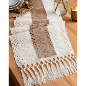 Pureegg Farmhouse Boho Table Runner - 72 Inches, Linen-Textured Woven Tassel Design for Dining Table Decor, Kitchen, Coffee Table & Living Room, 12 x 72 Inch, Brown