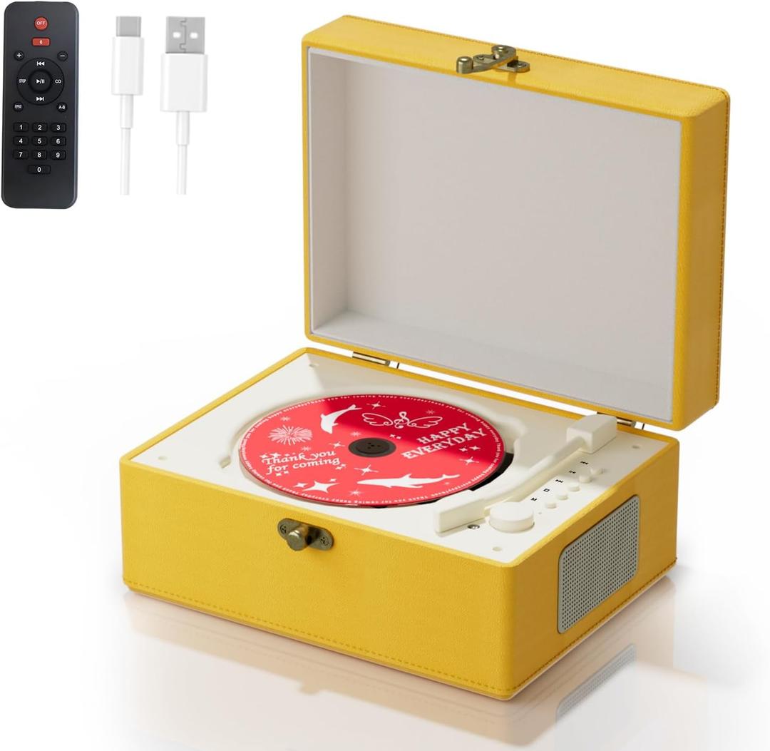 Rechargeable Leather CD Player with Speakers; Bluetooth Transmitter; Festival Gift; BGM Player for Home Dcor (Yellow)