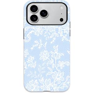 for iPhone 17 Pro Case, Cute Vintage Lace Flower Pattern Phone Case for Women Girls, Aesthetic Elegant Hybrid 2-Layer Hard Shell Protective Cover, Blue & White Floral Lace