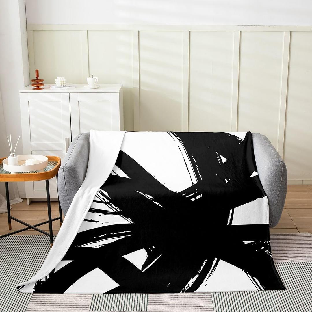 jejeloiu Black and White Flannel Fleece Throw Blanket 50"x60" Modern Stripe Plush Blanket for Sofa Couch Neutral Art Abstract Art Room Decorations (Multi 22)