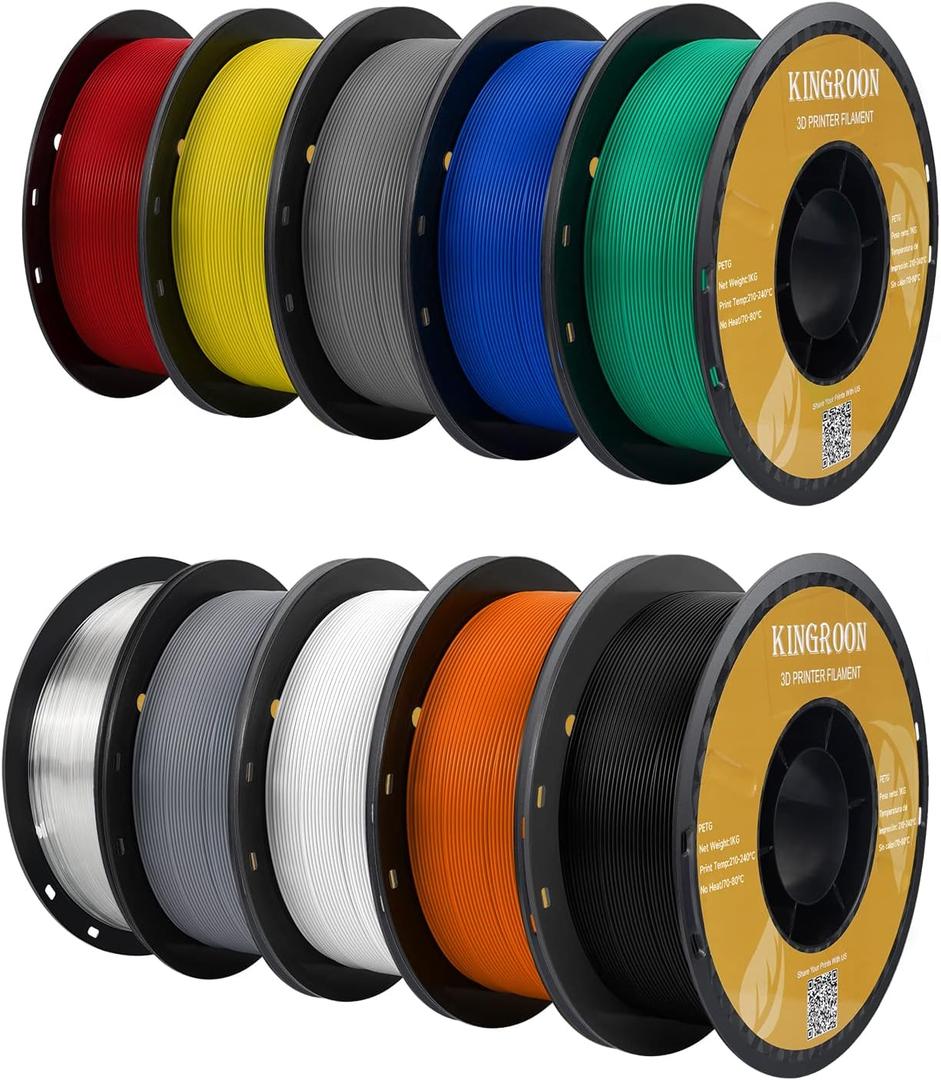 Kingroon PETG 3D Printer Filament, 10 Rolls, Dimensional Accuracy +/- 0.03 mm, 1kg Spool(2.2lbs), 1.75 mm10KG Ten Colors Black White Grey Red Blue Green Yellow Orange Transparent Silver
