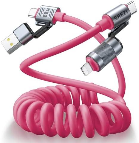 Vexipia 4-in-1 Coiled USB C Cable for Car 5FT [60W Fast Charging] Compatible with Lightning Cable [CarPlay & Android Auto] Multi Charger Cord Combo with L/Type C/USB A Ports for iPhone/iPad (Pink)